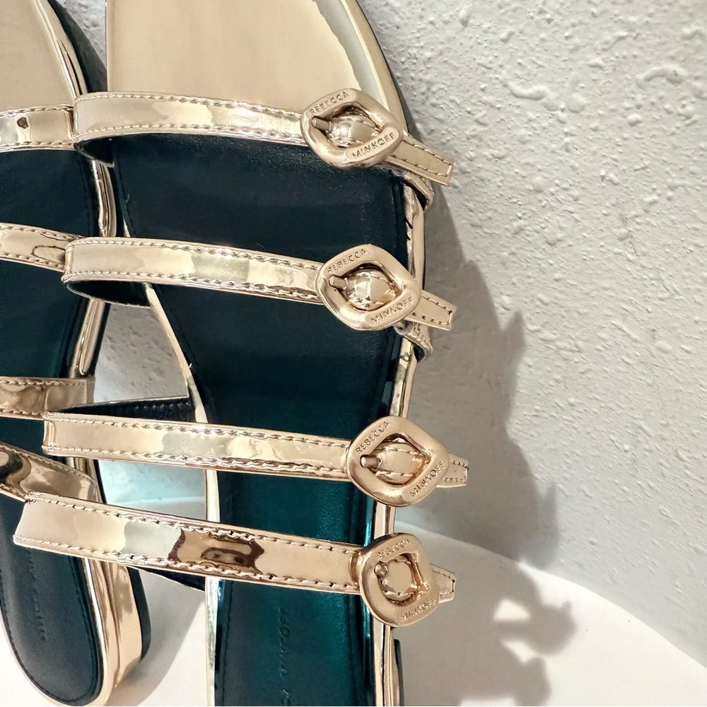 Rebecca Minkoff Gold Buckle Vegan Leather Women’s Sandals Size 7.5 NIB